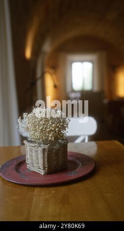 Rustikaler Restauranttisch mit einem Korb, der den Atem des getrockneten Babys hält, und sanftem natürlichem Licht, das durch die bogenförmigen Fenster im Hintergras strömt Stockfoto