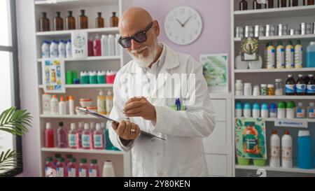 Senior Mann schreibt Notizen in einer Apotheke, trägt Brille und einen weißen Mantel, umgeben von verschiedenen Medikamenten und Gesundheitsprodukten in Regalen. Stockfoto