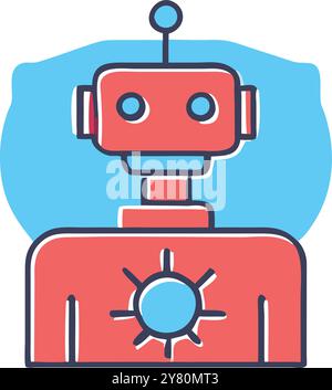 Ein freundlicher Karikaturroboter mit blauem Licht in der Brust. Perfekt für KI. Automatisierung. Und Technologie auf spielerische und ansprechende Weise. Stock Vektor