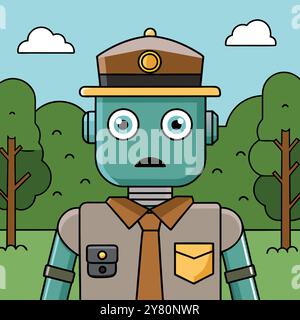 Ein freundlicher Karikaturroboter in einer Ranger-Uniform. Komplett mit Hut und Krawatte. Der Roboter steht in einem Park mit grünen Bäumen und blauem Himmel. Pe Stock Vektor