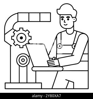 Eine einfache Linienzeichnung eines Arbeiters mit Schutzhelm und Overall, der an einem Laptop vor einer Industriemaschine arbeitet. Stock Vektor