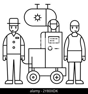 Einfache Strichgrafik-Illustration, die zwei Personen zeigt, die in der Nähe einer Maschine stehen, auf der eine große Sonne steht. Stock Vektor