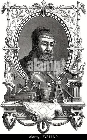 Porträt von Archimedes (c287–212 v. Chr.) altgriechischer Mathematiker und Erfinder - historische Gravur Stockfoto