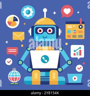 Benutzerfreundlicher KI-Roboter, der an einem Laptop arbeitet und farbige Symbole für die Datenanalyse enthält. Kommunikation. Wachstum. Und globale Reichweite. Stock Vektor