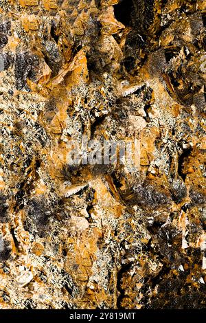 Hintergrund einer glänzend zerknitterten Folienoberfläche in goldfarbener Nahaufnahme Stockfoto