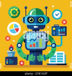 Ein freundlicher Roboter mit großen Augen und grünen Armen steht vor einem Bildschirm mit Diagrammen und Diagrammen. Es ist von verschiedenen Symbolen umgeben. Representin Stock Vektor