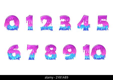 Schleim- oder Schleimzahlen, violette Zahlen von 0 bis 10. Slime-Schriftart Zahlen lateinisches Alphabet. Kalligraphie, Schriftzüge, Typografie für die Schleimproduktion Stock Vektor