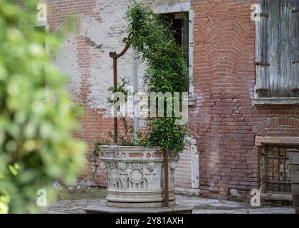 Alte Wasserquelle im Savorgnan Garten, Venedig. Malerischer Blick auf einen öffentlichen Park mit altem Brunnen, Venedig, Italien Stockfoto