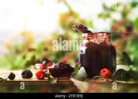 Natürliche Beerenmarmelade im Glasgefäß auf Holztisch mit Früchten und Naturhintergrund. Vorderansicht. Stockfoto