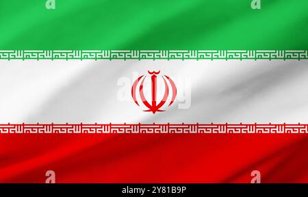 Hintergrunddetails der iranischen Flagge, die den gesamten Rahmen mit gewellter Textur besetzt. Stockfoto