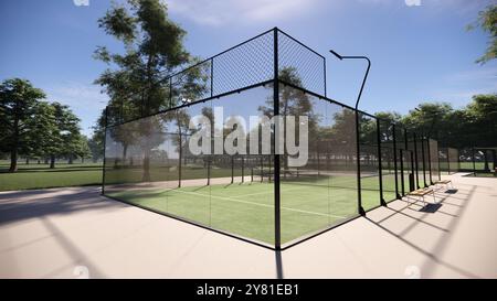 Eckblick auf einen grünen Padel-Paddle-Tennisplatz Stockfoto
