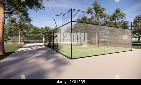 Eckblick auf einen grünen Padel-Paddle-Tennisplatz Stockfoto