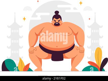 Sumo Wrestler Vektor-Illustration mit kämpfender japanischer traditioneller Kampfkunst und Sport-Aktivität in einem flachen Stil Cartoon-Hintergrund Stock Vektor