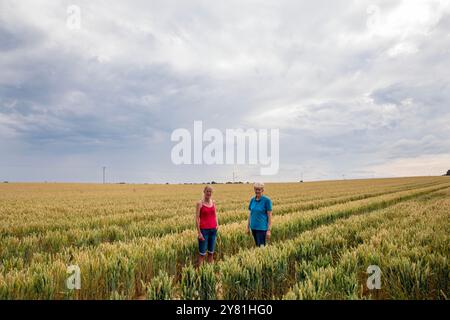 Nachbarn Donna Callaghan (rotes Hemd) und Jen Cooper, die neben der geplanten neuen National Grid Sub Station in Asserby leben. Auf dem Feld stehen, auf dem die Umspannstation gebaut werden kann. Der geplante Standort einer New National Grid Substation in Asserby nahe der Historic Town of Alford, Lincolnshire. Das Umspannwerk wird Teil eines neuen Netzes aus oberer und unterirdischer Stromleitung sein, das Strom vom Offshore-Windpark auf die Ostküste Englands hinauf und hinunter transportiert. Stockfoto