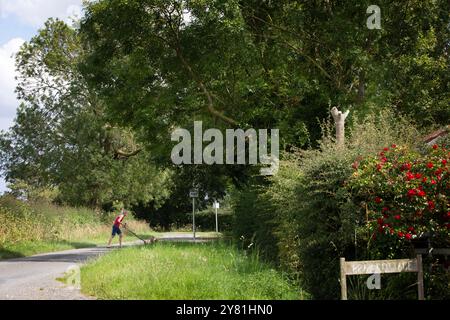 Donna Callaghan lebt neben der geplanten neuen National Grid Sub Station in Asserby. Der geplante Standort einer New National Grid Substation in Asserby nahe der Historic Town of Alford, Lincolnshire. Das Umspannwerk wird Teil eines neuen Netzes aus oberer und unterirdischer Stromleitung sein, das Strom vom Offshore-Windpark auf die Ostküste Englands hinauf und hinunter transportiert. Stockfoto
