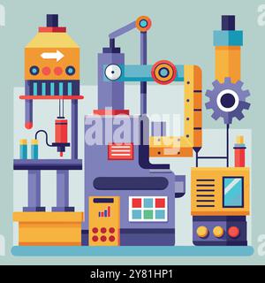 Eine farbenfrohe und verspielte Illustration, die eine stilvolle Industriemaschine mit Roboterarm und verschiedenen Bedienelementen darstellt. Perfekt für Konzepte im Zusammenhang mit einem Stock Vektor