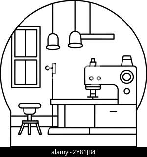 Einfache Strichkunstabbildung eines Nähzimmers mit Nähmaschine. Tabelle. Hocker. Und Fenster. Perfekt zur Darstellung von Kreativität. Maßgeschneidert. Und DIY Stock Vektor