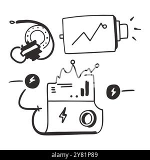 Handgezeichnete Abbildung eines futuristischen Geräts mit einem Bildschirm mit Diagrammen und einem Blitzsymbol. Das Design vermittelt Kraft. Technolog Stock Vektor