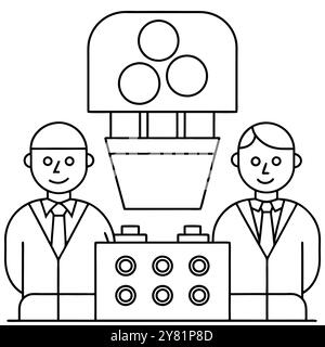 Eine einfache Strichkunst-Illustration, die zwei Geschäftsleute an einem Tisch mit einem runden Symbol über ihnen zeigt. Symbolisieren Teamarbeit. Zusammenarbeit. A Stock Vektor