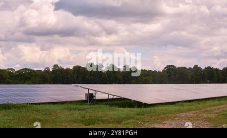 Ein großer Solarpark mit Reihen von Photovoltaik-Panels, neben einer Autobahn, in einer ländlichen Gegend mit Bäumen und blauem Himmel. Erzeugung erneuerbarer Energien Stockfoto