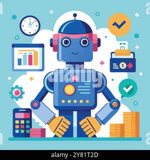 Ein freundlicher Roboter steht mit einem selbstbewussten Lächeln. Umgeben von Symbolen des Erfolgs: Eine Uhr. Häkchen. Diagramme. Ein Stapel Münzen. Und einen Taschenrechner. Thi Stock Vektor