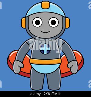 Ein freundlicher und fröhlicher Karikaturroboter mit blauem Helm und orangefarbenen Akzenten. Perfekt für Kinderbücher. Apps. Und Websites. Stock Vektor