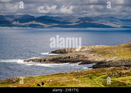 Blick vom Kilcatherine, Beara Halbinsel, County Cork, Irland, über Kenmare Bay bis zu den Bergen der Halbinsel Iveragh Stockfoto