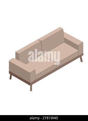 Modernes, komfortables gepolstertes Sofa auf Holzständer. Isometrischer Stil. Möbel mit Kissen. Vektorillustration isoliert auf weißem Hintergrund. Stock Vektor