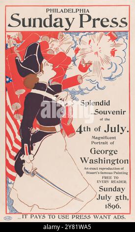 Advertisement Poster für Philadelphia Sunday Press – 5. Juli 1896 – Kunstwerk von George Reiter Brill (1867–1918) – 4. Juli, Soldat mit Dynamit Stockfoto