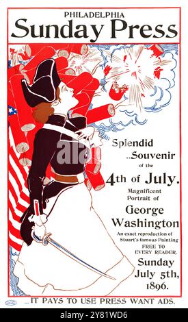 Advertisement Poster für Philadelphia Sunday Press – 5. Juli 1896 – Kunstwerk von George Reiter Brill (1867–1918) – Soldat umgeben von explodierendem Dynamit – Farbkorrektur Stockfoto