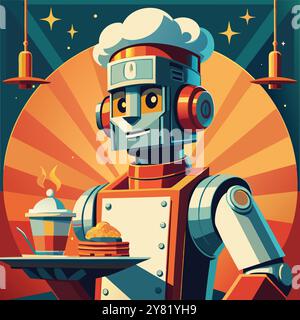 Ein freundlicher Roboterkoch in einer weißen Haube serviert eine dampfende Tasse Kaffee und einen Teller Pfannkuchen im Retro-Stil. Futuristisches Ambiente. Perfekt für Illustrationen Stock Vektor