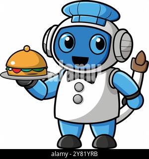 Ein freundlicher blauer Roboter mit Köchenhut und Bowtie. Einen Teller mit einem köstlichen Burger halten. Perfekt zur Illustration von Themen der Lebensmitteltechnologie. rob Stock Vektor