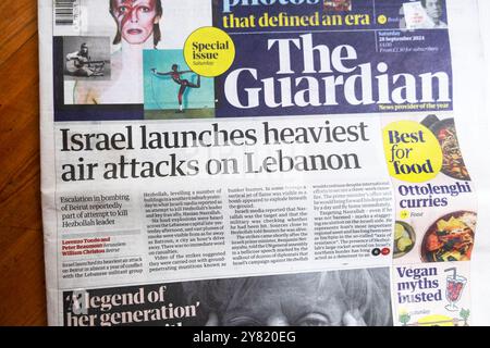 "Israel startet schwerste Luftangriffe auf den Libanon" Guardian Zeitung Schlagzeile Titelseite Naher Osten artikel 28 September 2024 London Großbritannien Stockfoto