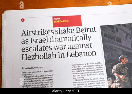 "Luftangriffe erschüttern Beirut, während Israel den Krieg gegen die Hisbollah im Libanon dramatisch eskaliert" Nahost artikel 28 September 2024 London Großbritannien Stockfoto
