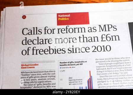 "Ruft zur Reform auf, da Parlamentsabgeordnete seit 2010 mehr als 6 Millionen Pfund an Gratisleistungen erklären" Guardian Newspaper spendenartikel 28 September 2024 London Großbritannien Stockfoto