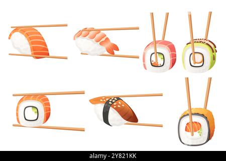 Verschiedene Sushi-Stücke mit Stäbchen. Sushi-Rolle, die von Holzstäben gehalten wird. Lieferung asiatischer Essensservice. Vektorillustration isoliert auf weißer Rückseite Stock Vektor