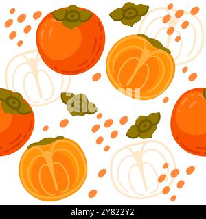 Nahtloses Muster Persimmons exotische tropische ganze und halbierte Früchte. Reife, frische, natürliche Ernährung, einfaches Design im Cartoon-Stil. Vektorabbildung ein Stock Vektor