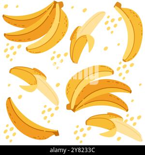 Nahtloses Muster Gruppe von gelben Bananen, von denen eine teilweise geschält mit weichen Früchten innen. Frische reife tropische Früchte. Vektorillustration auf weiß Stock Vektor