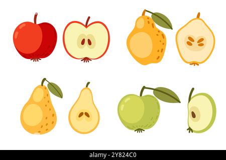 Verschiedene geschnittene Früchte mit Äpfeln und Birnen. Einfache frische Vitaminnahrung. Gesunde Produkte. Vektorillustration isoliert auf weißem Hintergrund. Stock Vektor