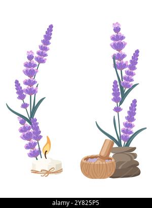 Ein Blumenarrangement von Lavendelblüten. Stilvoller, moderner dekorativer Rahmen. Spa-Postkartendesign. Vektorillustration isoliert auf weißem Hintergrund Stock Vektor