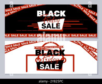 Horizontales Black Friday-Werbebanner mit kräftigen schwarzen und roten Elementen, auffälligem Verkaufstext und Einkaufstasche, das Aufmerksamkeit erregt Stock Vektor