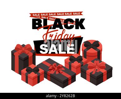 Black Friday-Werbebanner. Rote und schwarze Box mit Bögen. Designvorlage für Verkaufsförderung, Werbung und soziale Medien. Vektorabbildung Stock Vektor