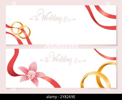 Hochzeitseinladungskarte mit goldenen Ringen, Blumen und Bändern. Vorlage für horizontale Grußkarte. Banner für die Hochzeitszeremonie. Vektor Stock Vektor