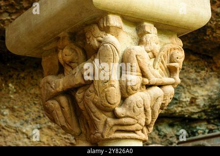 Massaker an den heiligen Unschuldigen, Hauptstadt des Kreuzgangs. Kloster San Juan de la Peña (12.-13. Jahrhundert). Serrablo. Huesca. Spanien. Stockfoto