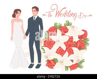 Hochzeitspaar. Braut in weißem Kleid und Bräutigam in blauem Anzug, die sich gegenseitig die Hände halten. Hochzeitstags-Schriftzug, handgeschriebener Text mit Blumenstrauß. Stock Vektor