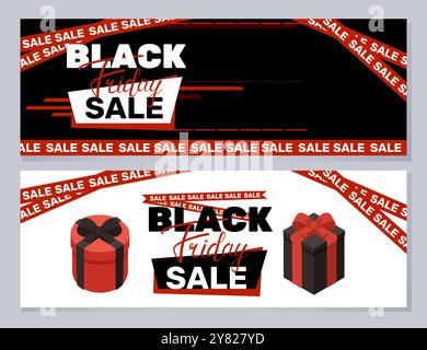 Black Friday-Werbebanner. Rote Box mit schwarzer Schleife. Designvorlage für Verkaufsförderung, Werbung und soziale Medien. Vektorabbildung Stock Vektor