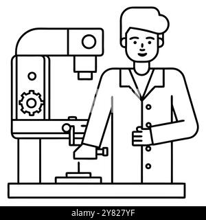 Strichzeichnung einer Person, die eine Maschine bedient. Ideal für industrielle Anwendungen. Fertigung. Oder Technologiekonzepte. Stock Vektor