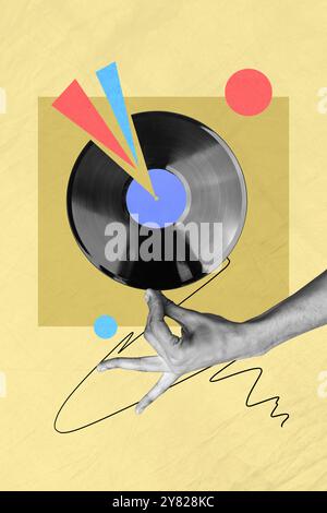 Composite Trend Artwork Skizze Bild Foto Collage von riesigen Handarm erscheinen Finger halten Vinyl Schallplatte Audio hören Musik Vintage Retro Tanz Stockfoto