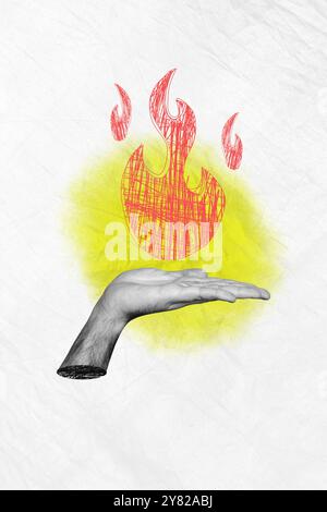 Trend-Artwork Composite-Skizzenbild 3D-Fotocollage aus schwarzem weiß, riesiger Handgriff, Brandflamme, heiße Frist, Feuerwehrschutz Stockfoto