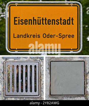 02. Oktober 2024, Brandenburg, Eisenhüttenstadt: KOMBO: Die dreiteilige Bildkombination zeigt das Stadteingangszeichen Eisenhüttenstadt, einen Regenwassereinlass (auch als Mannlochdeckel bekannt) aus DDR-Zeiten (l) und ein fehlendes Mannloch (r), das mit einer Betonplatte bedeckt ist. In einem ehemaligen Wohngebiet aus der DDR-Zeit, in dem die Fertigbauten längst abgerissen wurden, wurden 21 Mannlochdeckungen gestohlen. Diese Regenwassereinlässe bestehen aus grauem Gusseisen und sind sehr schwer. Da diese alten Sonderdimensionen nicht mehr existieren, hat die Stadt nun begonnen, die offenen Schächte und ha zu sichern Stockfoto